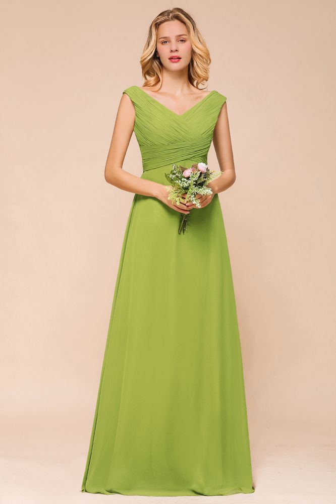 Vestido de dama de honor verde largo y sencillo, corte A, manga corta.
