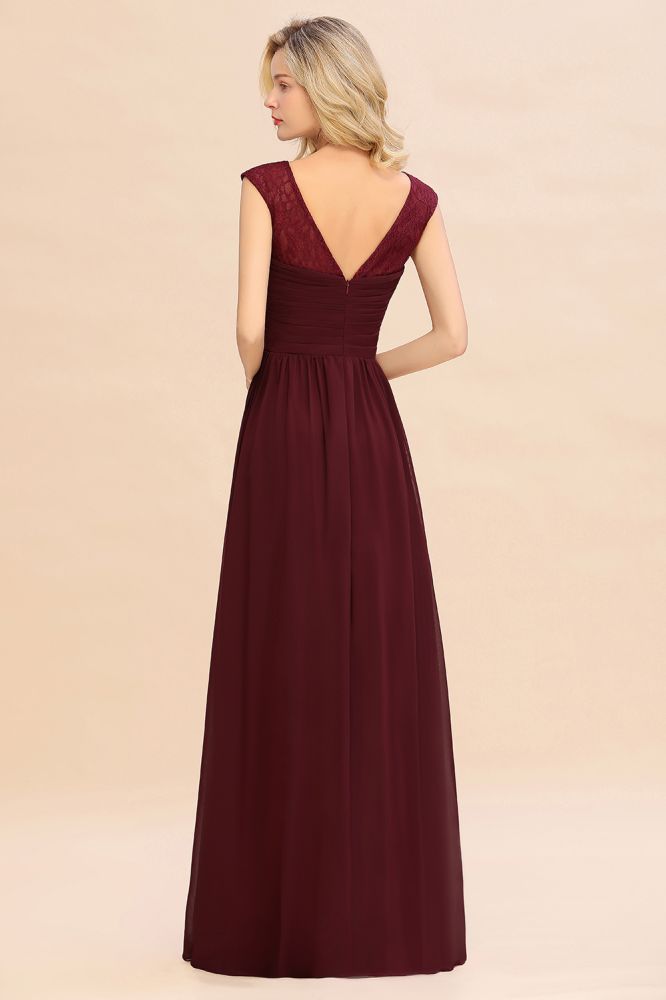 Vestido largo de noche burdeos con mangas casquillo, de gasa, hasta el suelo, para dama de honor