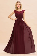 Robe de soirée longue bordeaux à manches courtes en mousseline de soie, robe de demoiselle d'honneur