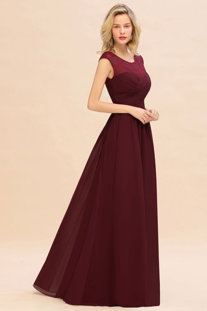 Vestido largo de noche burdeos con mangas casquillo, de gasa, hasta el suelo, para dama de honor