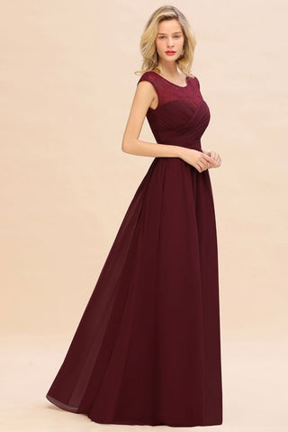 Cap Sleeve Burgundy Evening Maxi Gown Chiffon Floor Length Bridesmaid Dress