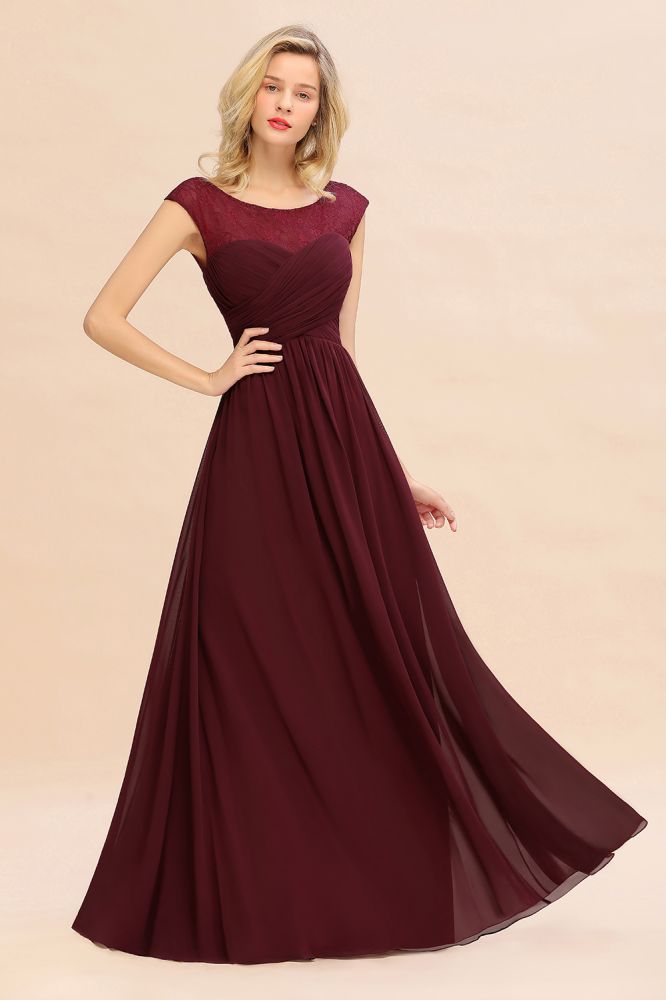 Robe de soirée longue bordeaux à manches courtes en mousseline de soie, robe de demoiselle d'honneur
