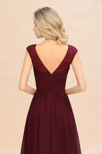 Robe de soirée longue bordeaux à manches courtes en mousseline de soie, robe de demoiselle d'honneur