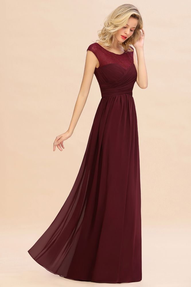 Robe de soirée longue bordeaux à manches courtes en mousseline de soie, robe de demoiselle d'honneur