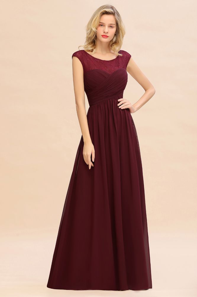 Robe de soirée longue bordeaux à manches courtes en mousseline de soie, robe de demoiselle d'honneur