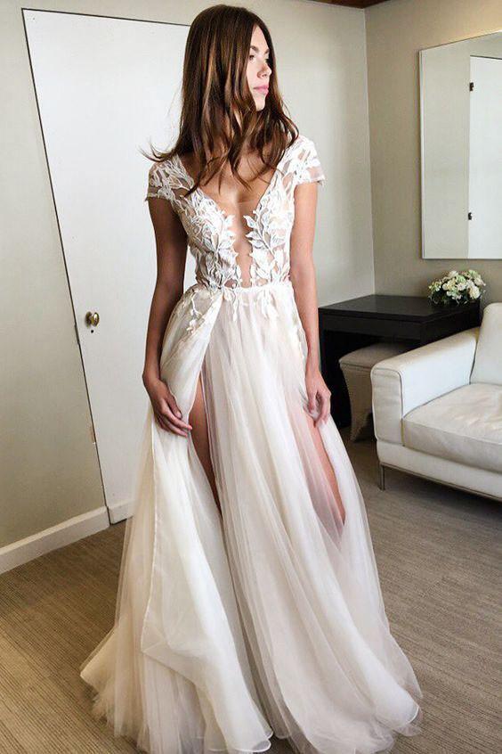 Robe de bal à manches courtes et décolleté en V profond ornée d'appliques, robe de mariée fendue sexy PG902