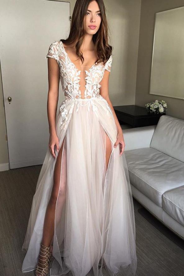 Robe de bal à manches courtes et décolleté en V profond ornée d'appliques, robe de mariée fendue sexy PG902