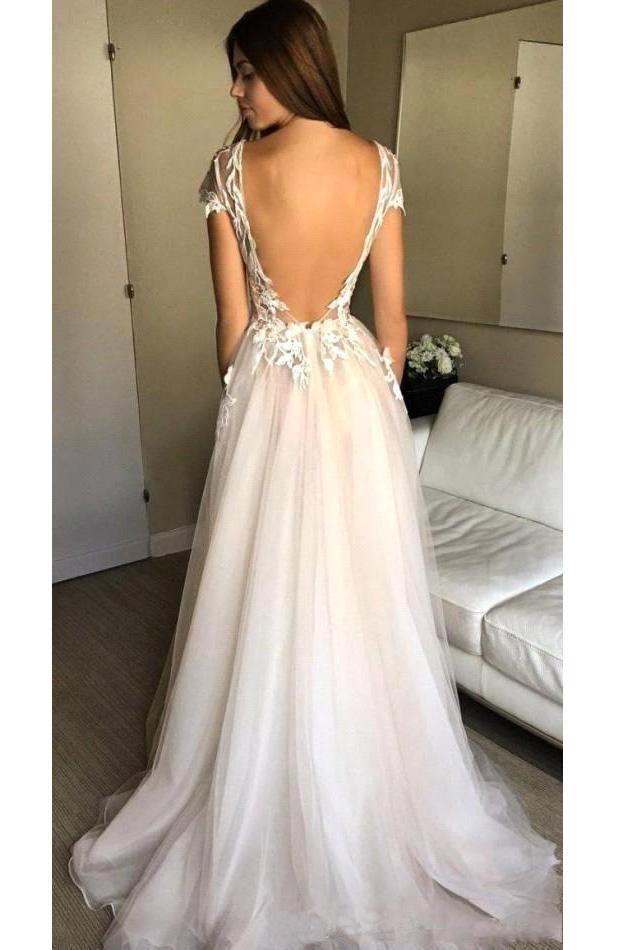 Robe de bal à manches courtes et décolleté en V profond ornée d'appliques, robe de mariée fendue sexy PG902