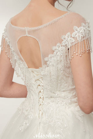 Vestidos de novia de corte A, manga corta, escote redondo, largo hasta el suelo y apliques de encaje