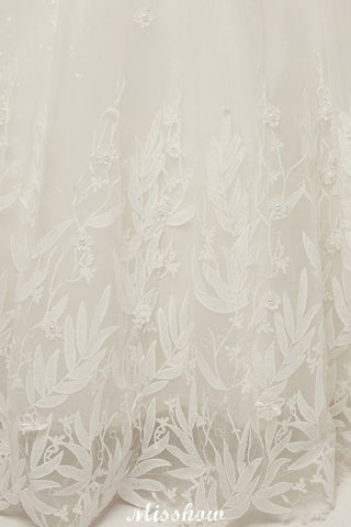 Vestidos de novia de corte A, manga corta, escote redondo, largo hasta el suelo y apliques de encaje