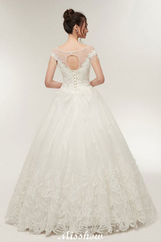 Vestidos de novia de corte A, manga corta, escote redondo, largo hasta el suelo y apliques de encaje