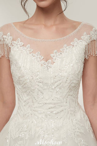 Vestidos de novia de corte A, manga corta, escote redondo, largo hasta el suelo y apliques de encaje
