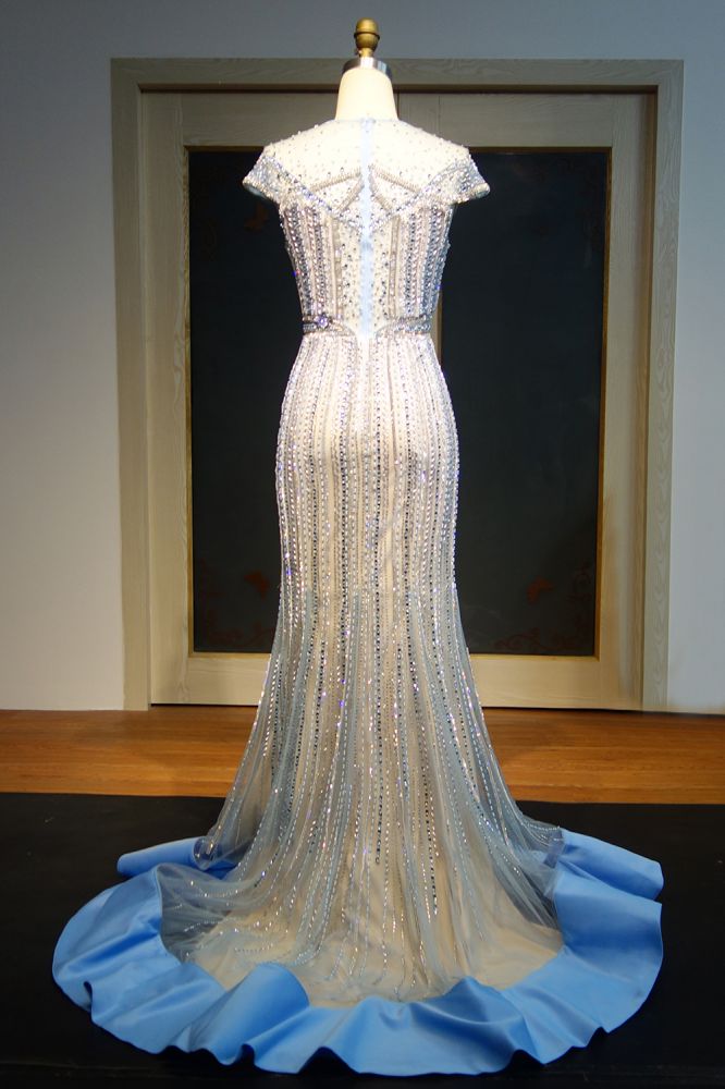 Robe de bal sirène à manches courtes et longueur au sol, ornée de perles et de cristaux