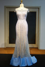 Robe de bal sirène à manches courtes et longueur au sol, ornée de perles et de cristaux