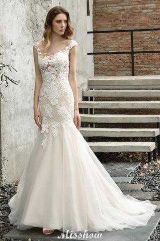 Vestido de novia corte sirena con encaje y mangas casquillo, blanco/marfil, estampado floral.