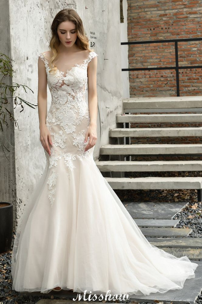 Cap Sleeves Lace Mermaid Wedding Dress White/Ivory Floral Garden Bridal Gown