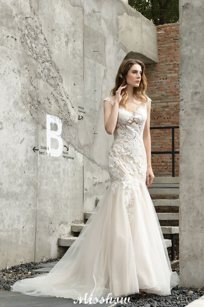 Cap Sleeves Lace Mermaid Wedding Dress White/Ivory Floral Garden Bridal Gown