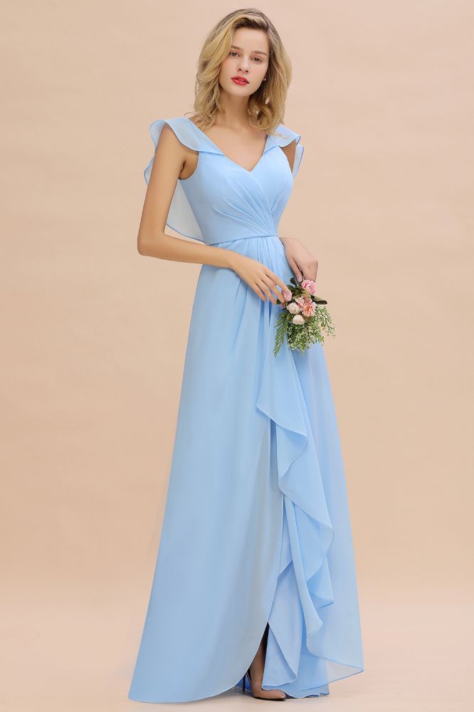 Robe de demoiselle d'honneur trapèze en mousseline à manches courtes et volants, coupe asymétrique, style trapèze, idéale pour un mariage.