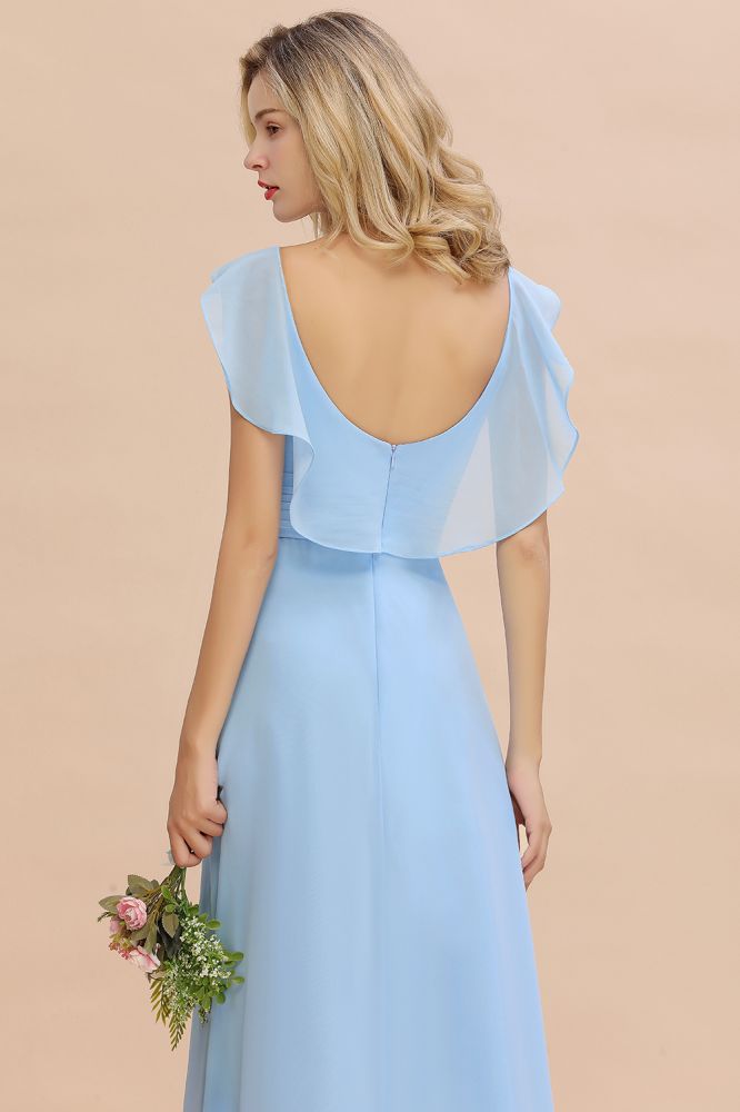 Robe de demoiselle d'honneur trapèze en mousseline à manches courtes et volants, coupe asymétrique, style trapèze, idéale pour un mariage.