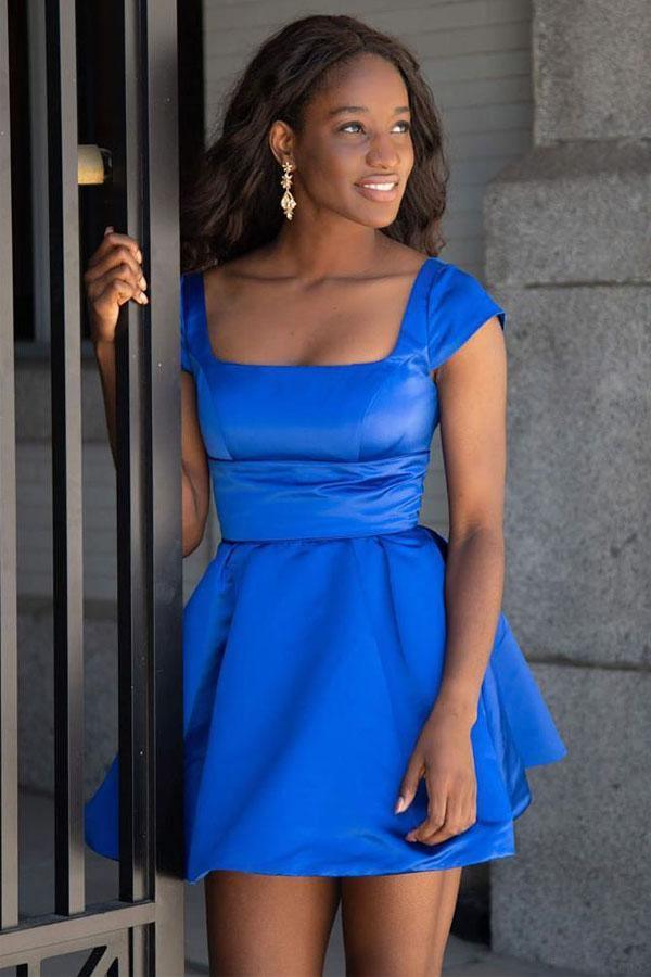 Cap Sleeves Short Royal Blue Homecoming Dress with Lace Up Back PD321