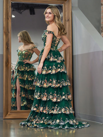 Capri | Green Crystal Sequins Princess A Line Off the Shoulder Prom Dress with Lace Ruffles