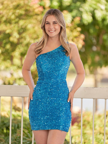 Sheath One Shoulder Blue Sequin Homecoming Dress With Slit