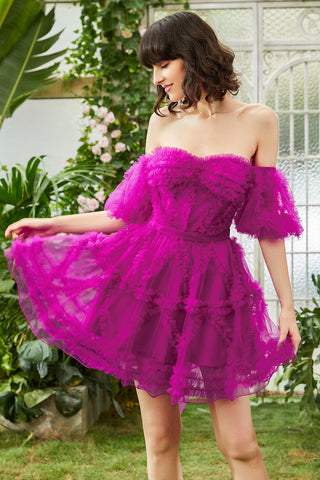Unique A Line Off the Shoulder Fuchsia Tulle Corset Homecoming Dress