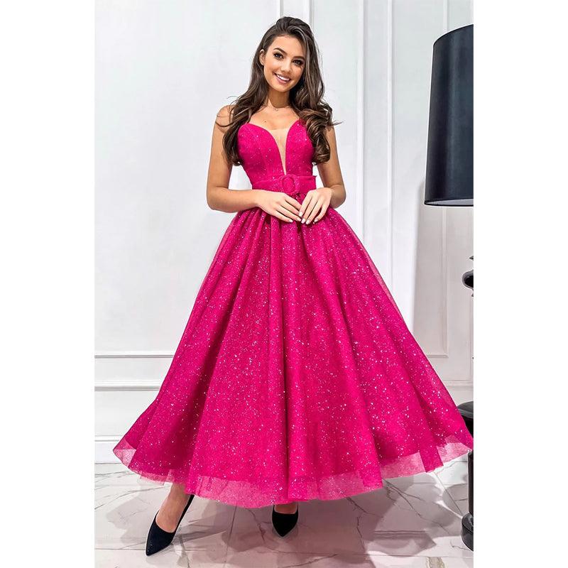 Plunging V-neck Fuchsia Vintage Prom Dress Glitter