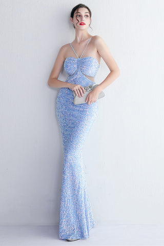 Vestido largo de fiesta negro con lentejuelas, estilo sirena, escote halter y abertura en forma de ojo de cerradura