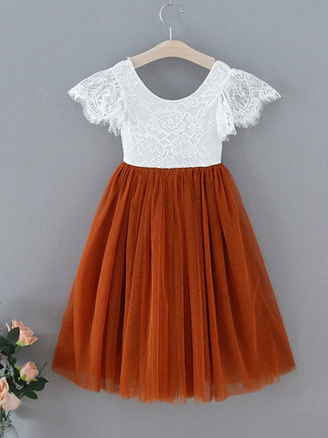 Vestido bohemio de niña de las flores color naranja quemado con encaje hasta el tobillo 