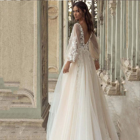 Charming Long Puffy Sleeves Wedding Dresses A-Line V Neck Appliques Open Back Sweep Train Bridal Gown Custom Made