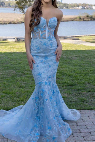 Gorgeous Mermaid Sweetheart Blue Corset Prom Dress with Embroidery
