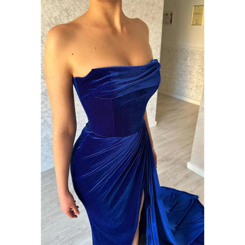 Royal Blue Strapless Velvet Pleats Long Train Split Sexy Prom Dress Party Gown