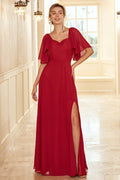 Robe de demoiselle d'honneur bordeaux à dos nu et à volants, style bohème
