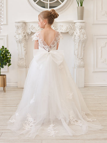 Vestido de niña de las flores para la Primera Comunión, color marfil, con cola desmontable estilo princesa. 