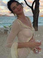 TARUXY Deep V Neck Sheer Dress For Women Elegant Slim Hollow Out Dress Femme Holiday Beach Sexy Ruffle Slit Evening Dress Ladies