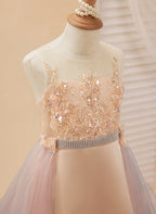 Vestido color champán de corte A con cola de tul satinado (010226776) 