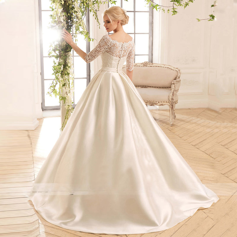 Elegant Lace Wedding Dresses For Women Half Sleevess Bride With Belt Bow Vestidos  De Novia Boda Suknia Ślubna Robe Mariée