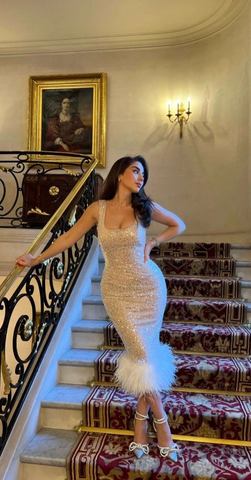 Elegant Shimmer Sequins Evening Gown With Feathers Sheath Prom Dress Y7700