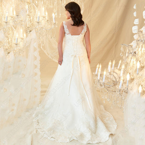 Plus Size Wedding Dresses V-Neck Sleeveless Appliques Beads vestido noiva boho Lace Up Back Sweep Train Custom Made