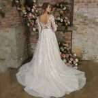 Light Champagne Modern Wedding Dresses Backless Applique Bride Gowns A-Line Tulle V-Neck Long Sleeves vestido de noiva