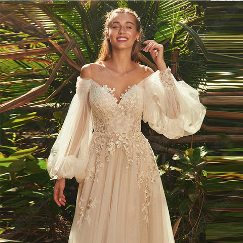 Robes de mariée champagne clair, style pastoral, manches longues bouffantes, fleurs 3D, coupe trapèze, dos nu sexy, vestidos de novia 