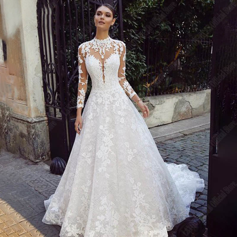 Vestidos de novia de manga larga, de lujo, con encaje, espalda descubierta y cuello alto. 
