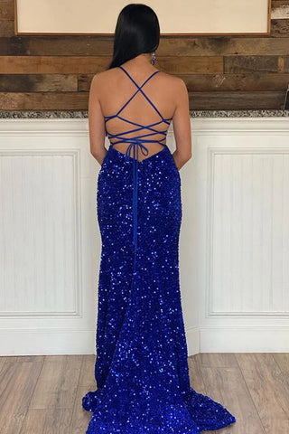 Sparkly Royal Sequins Mermaid Long Prom Dress with Slit