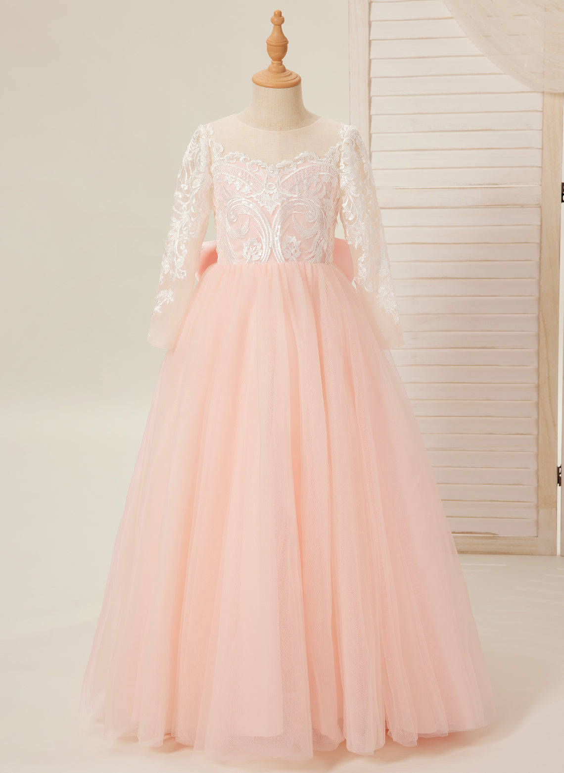 Vestidos de niña de las flores de corte A, manga larga, encaje y tul, color rosa (2003227575) 