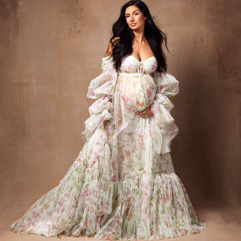 Vestidos de maternidad de gasa con estampado floral y mangas abullonadas para sesión de fotos de maternidad. Vestidos para mujer embarazada.