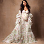 Vestidos de maternidad de gasa con estampado floral y mangas abullonadas para sesión de fotos de maternidad. Vestidos para mujer embarazada.