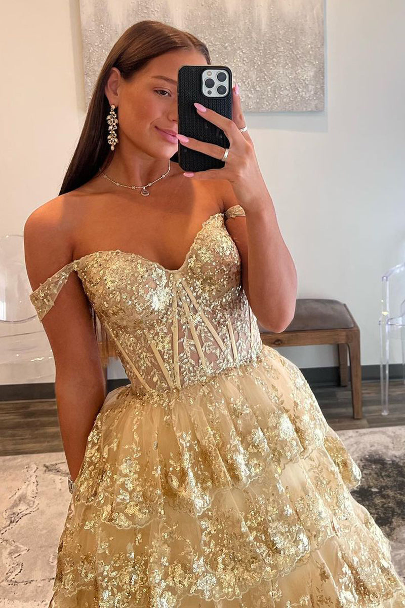 Vestido de graduación de princesa con hombros descubiertos, lentejuelas y encaje