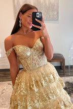 Vestido de graduación de princesa con hombros descubiertos, lentejuelas y encaje