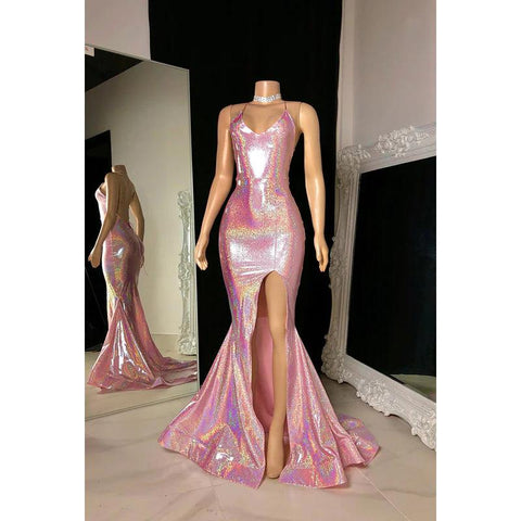 Robe de bal longue à bretelles spaghetti et col en V, fendue et pailletée